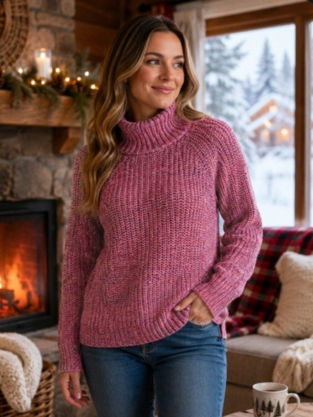 GAP Pink Blue Marled Chunky Knit Mock Neck Sweater Medium Cozy Apres Ski Winter